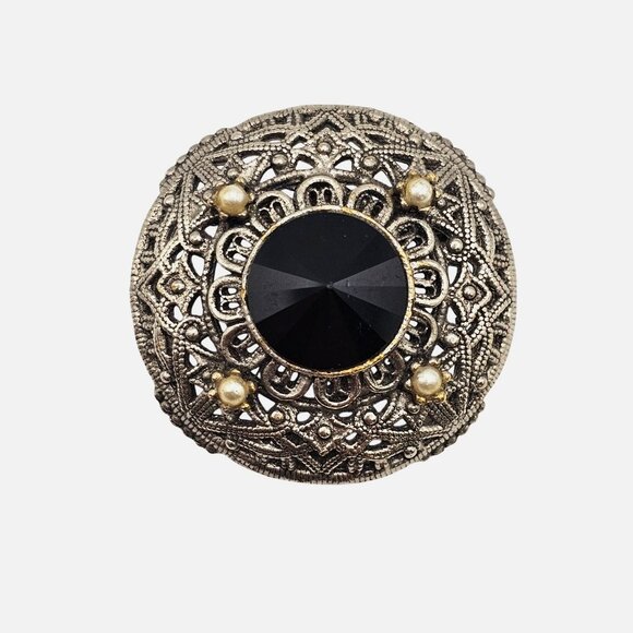 Tacoa Jewelry - VTG Brooch Tacoa Signed Cabochon Black Rhinestone SilverTone Filigree Whimsygoth
